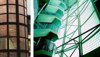 Left image: Inland Revenue Building, Nottingham. Right: Very large glass block wall in London