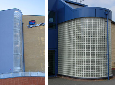 Left: Glass block stair well Travel Lodge Norwich. Right: One of several glass block installations De La Salle College Jersey