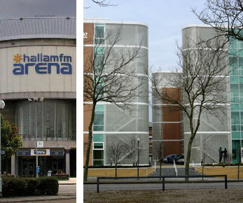 Left: Curved glass block wall Hallam FM Arena Sheffield. Right: Stair enclosures installed at the new E1.4 building Silbury Avenue Milton Keynes