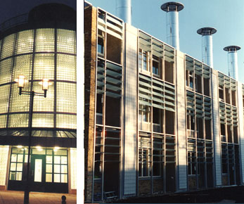 Left: Large glass block installation gloucester grove estate southwark London. Right: Glass blockwork panels at the BRE building Garston