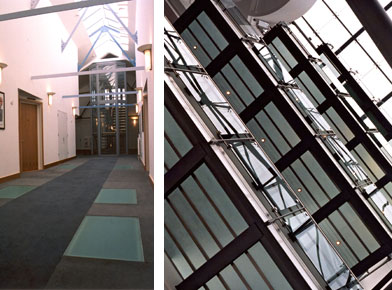 Left: Liteflam panels Cambridge Uni New Students Accomodation. Right: Internal glass atrium bridges Parkview Brentford