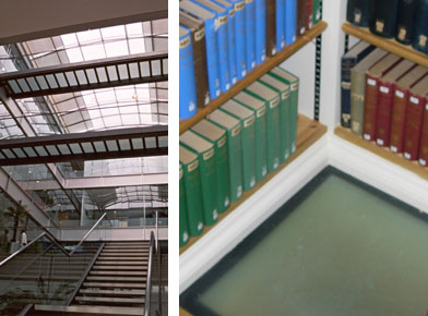 Left: Internal glass stairs and glass bridges Chiswick Park. Right: One of a series of fire-rated glass flooring panels at Peterhouse College Library Cambridge University