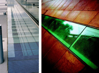 Left: Queen Mary teaching hospital College Close up of different coloured Glass floor panels in innovative new building. Right: External glass floor installation at the Saga HQ Kent