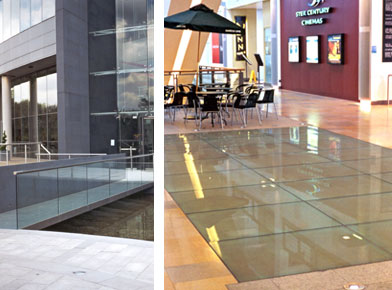 Left: Glass bridge over moat at the pfizer building in Surrey. Right: Glass floor installed to let light into the foyer at the Ocean Terminal Shopping complex Leith Edinburgh.