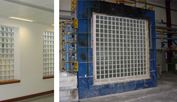 Pictures showing Fire-rated glass blocks during and after testing